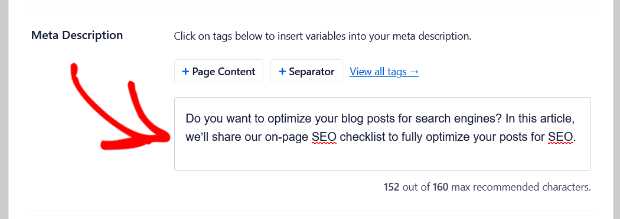 all in one seo meta description field