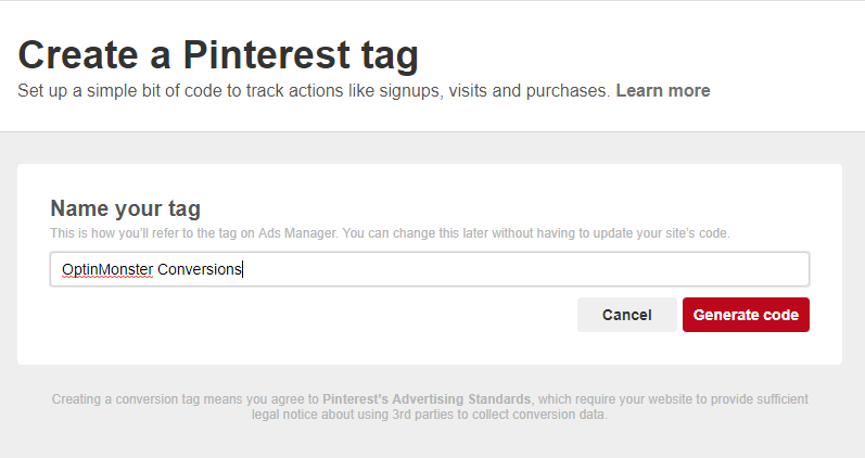 Name your Conversion Tag and click Generate Code.