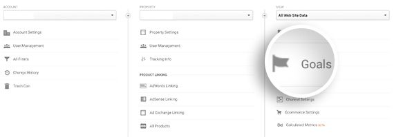 Select Goals in the Admin of your Google Analytics account.