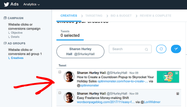 twitter select tweet for ad