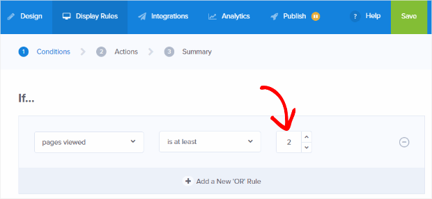 drag and drop builder number of pages viewed display rules