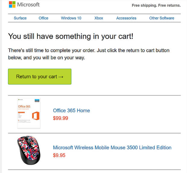 abandoned cart email template from microsoft