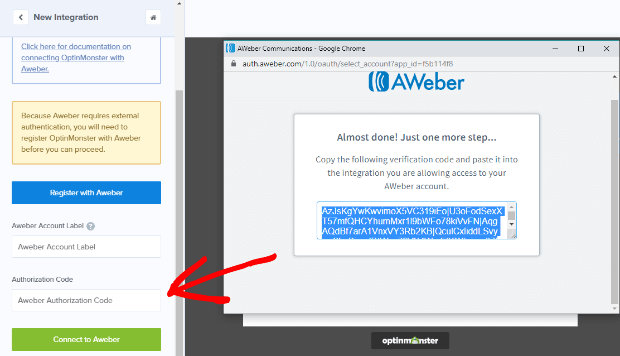 add your AWeber authorization code to optinmonster