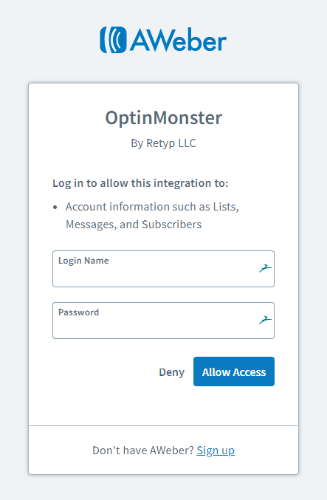 log in to aweber then click allow access