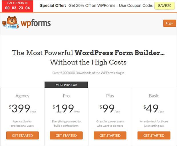 WPForms pricing hello bar