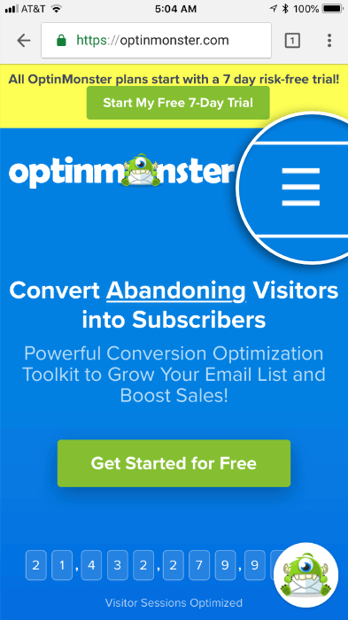 optinmonster mobile landing page hamburger navigation