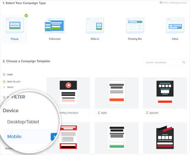 filter by device for popup campaigns