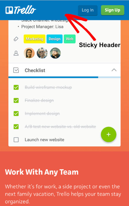 sticky header mobile landing page best practice