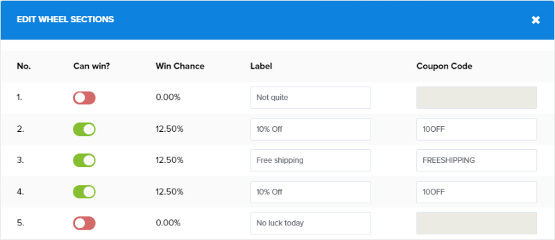 edit each wheel selection to set the odds of winning