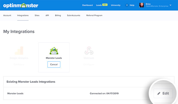Edit Monster Leads Integration
