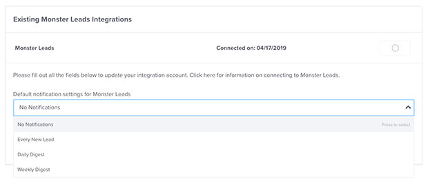 Monster Leads Notification Options