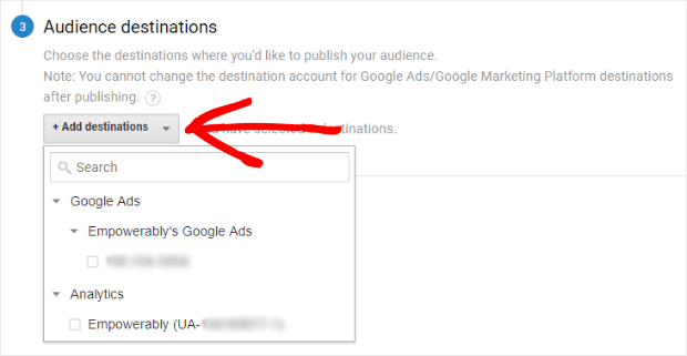 google analytics audience destinations