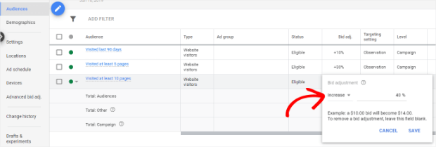 set bid adjustment for tiered bidding