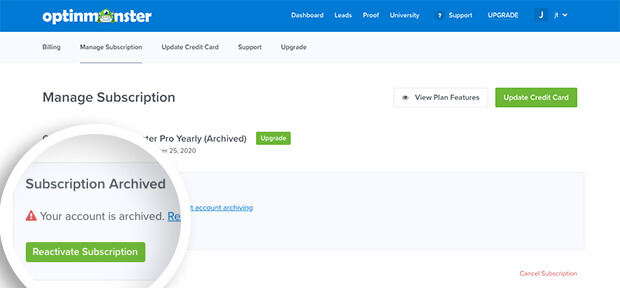 Reactivate Archived OptinMonster Account