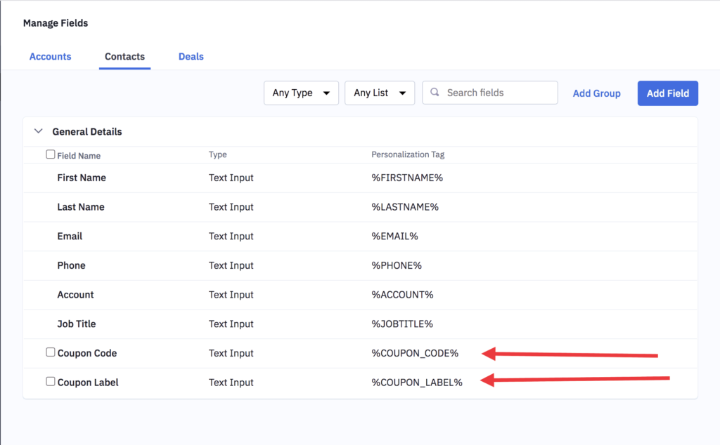 Personalization tags for coupon codes and labels in ActiveCampaign