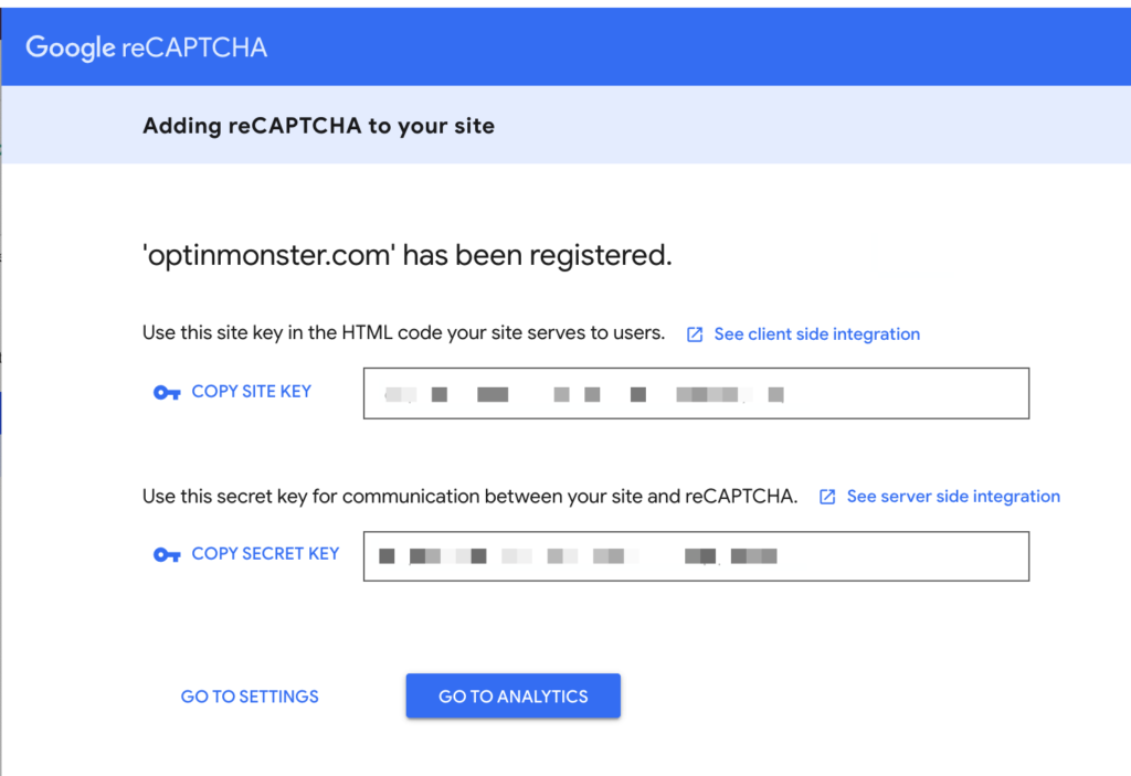 Google reCAPTCHA keys