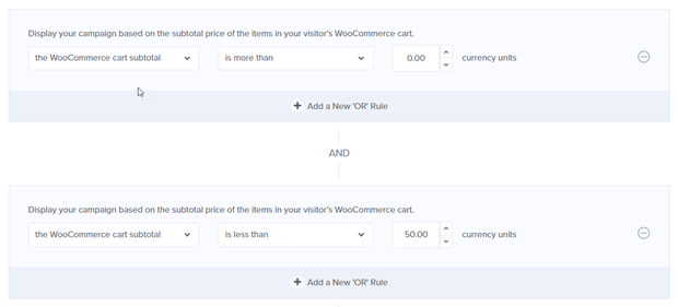 target carts with subtotals greater than 0 and less than 50