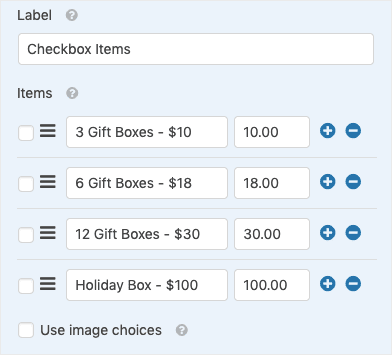 Checkbox Items for multiple items in WPForms min