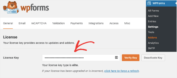 Enter License key for WPForms min