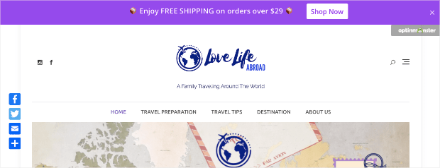 Free shipping floating bar welcome message example. It says "Enjoy free shipping on order over ." The CTA button says "Shop Now"