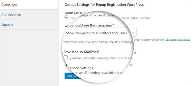 Edit output settings for WordPress Registration Popup