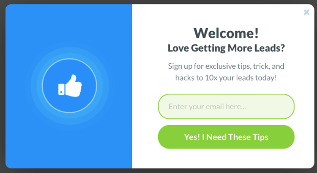 Popup welcome message example. It says "Welcome! Love Getting More Leads? Sign up for exclusive tips, tricks, and hacks to 10x your leads today!" There is a email address field and a button that says "Yes! I Need These Tips!"