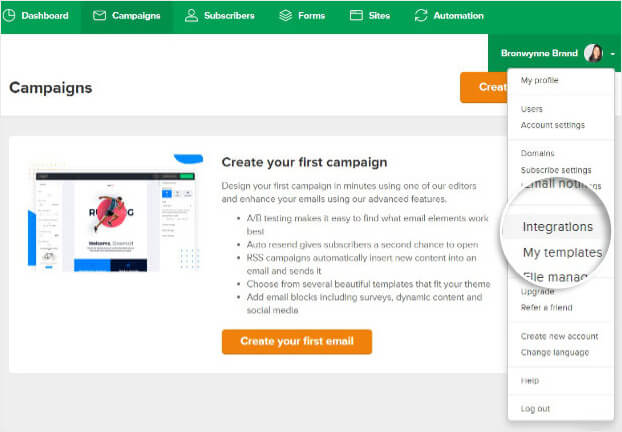 Mailerlite account dashboard choose integrations