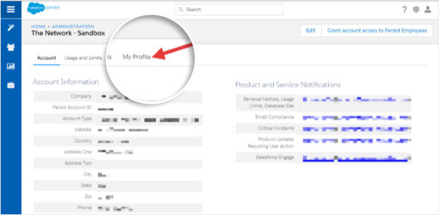 Pardot click my profile in Settings