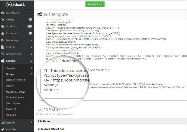 Paste embed code 3dcart