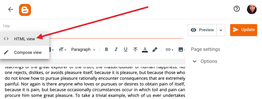 Change to HTML view when editing a post or page in Blogger.