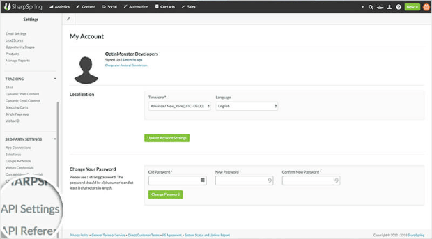 API settings in sharpspring