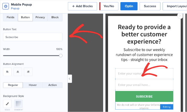 Button Block changes to mobile template