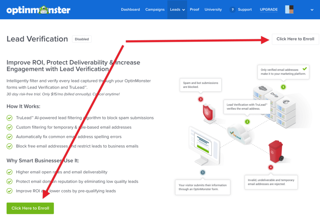 Enroll in Lead Verification in OptinMonster. 