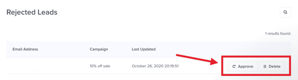 Approve or delete filtered lead in OptinMonster's Lead Verification list.