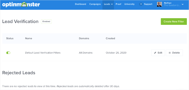 OptinMonster Lead Verification Dashboard