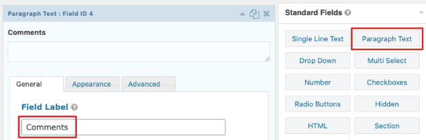 Add comments field gravity forms