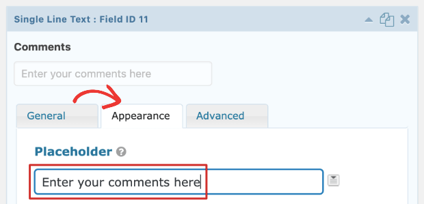 comments placeholder gravity forms