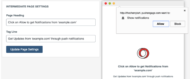 intermediate page settings pushengage