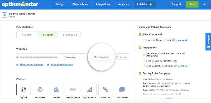 optinmonster preview button on the publish screen