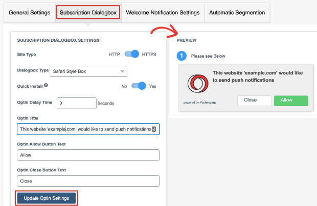 subscription dialogbox settings