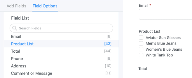 add product list to number field