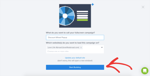 click start building to add discount wheel popup to the builder