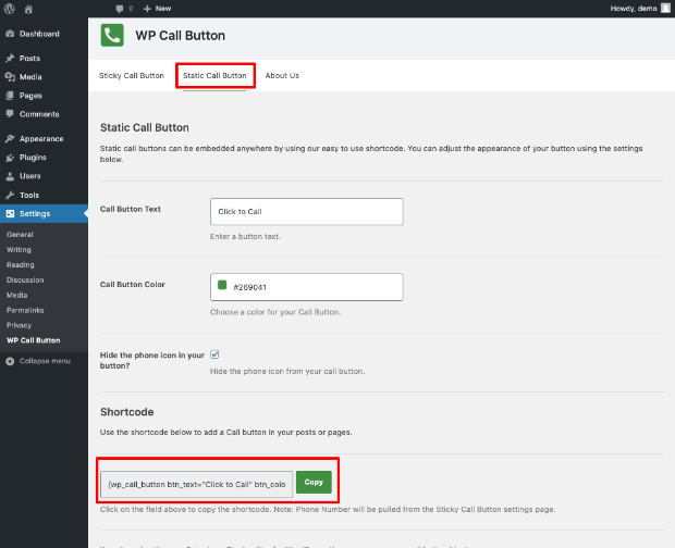 static call button shortcode