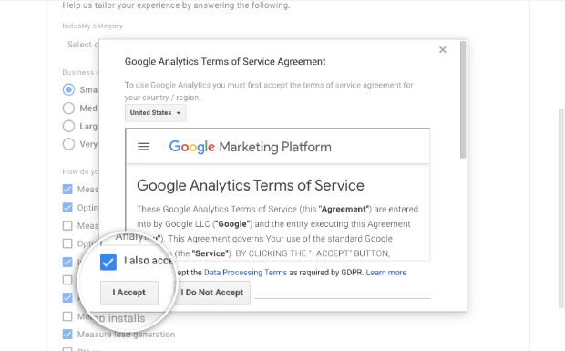 Accept terms Google Analytics