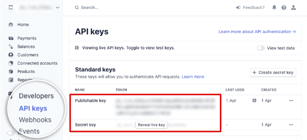 API keys in Stripe