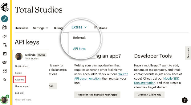 API keys option in Mailchimp