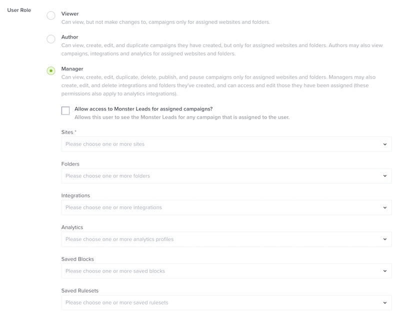 Manager Sub-Account user role options in OptinMonster.