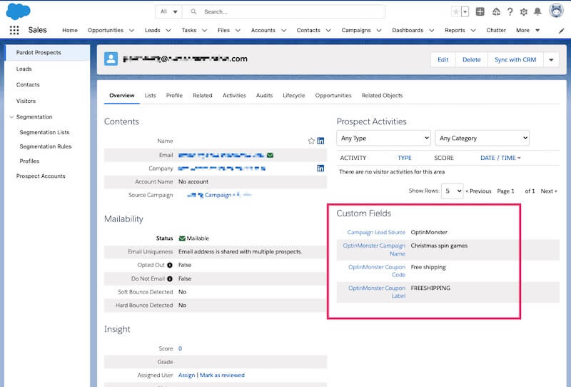 Coupon code from OptinMonster gamified campaigns is sent as custom fields to Salesforce Pardot.