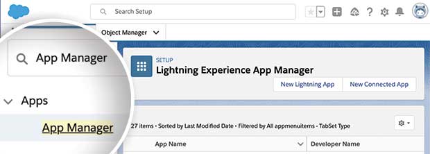 Salesforce search App Manager page