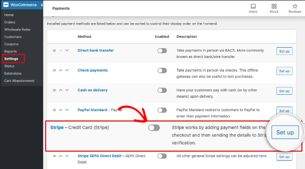 Set up Stripe payment in WooCommerce settings